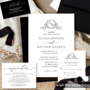 Invitación Boda de Monograma Elegante Blanco y Negro