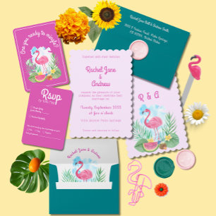 Invitación Boda de color de agua tropical Flamingo de palma r