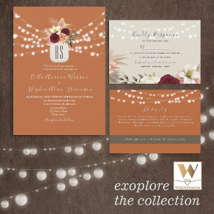 Invitación Naranja String Lights Floral Boda QR Code