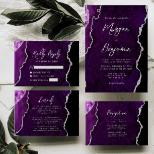 Invitación Boda de escritura plateada con ágata púrpura moder