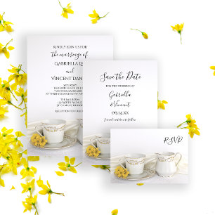 Té Cup y tarjeta de respuesta RSVP de boda amarill