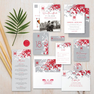 Invitación Bambú gris rojo deja Boda chino Xi doble