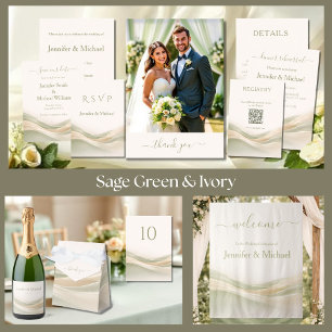 Tarjeta De Recepción Detalles de Boda Modernos en Verde Salvia y Marfil