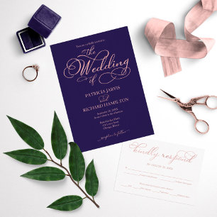 Invitación Elegante Rosa azul de la marina oro Script Boda cl