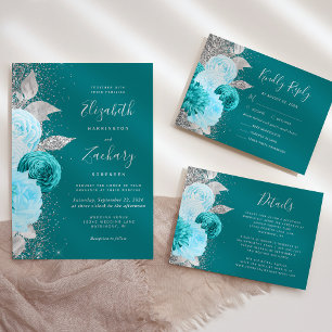 Tarjeta De Confirmación De Asistencia Boda de elección de comida de plata turquesa flora