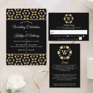 Invitación Silver Glitter Monogram Poker Chip Casino Wedding