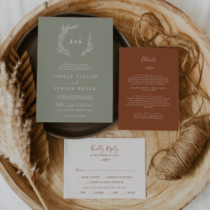 Invitación Hoja mínima   Sage Green Formal Monograma Boda