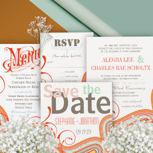 Invitación Naranja amarillo moderno Aqua Mint Paisley Boda