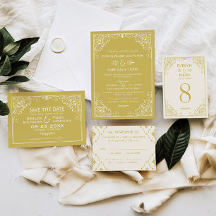 Invitación Oro vintage y Boda Art Deco de Marfil