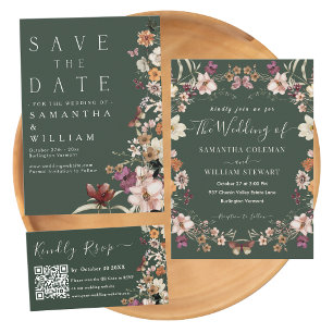 Invitación Elegante Boho Wildflower Verde Oscuro Salven La Fe