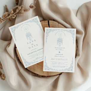 Tarjeta De Confirmación De Asistencia Boda barroca floral azul polvoriento