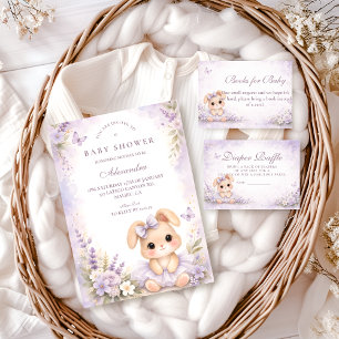 Invitación Ducha de Bebé Floral de Conejito Lavanda