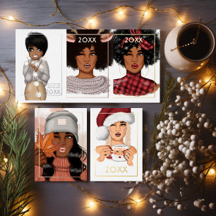 Tarjeta Festiva Con Relieve Metalizado Elegantes Navidades de renos afroamericanos