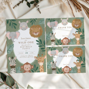 Tarjeta De Agradecimiento Cumpleaños Salvaje Niño Safari Selva Verde