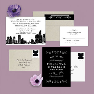 Invitación Detroit Skyline Black Art Deco Boda
