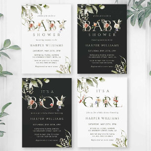 Invitación Letra botánica floral verde oliva Baby Shower