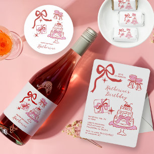 Pegatina Redonda Dibujos a Mano Garabatos Rojo Rosa Cumpleaños Grac