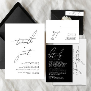 Tarjeta De Recepción Elegante Personalizado  blanco Boda negro detalles
