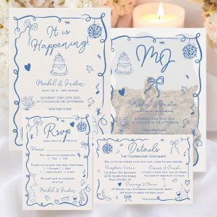 Invitación Boda de fotos ilustradas a mano con iniciales azul