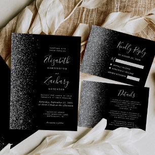 Invitación Modern Black Silver Faux Glitter Edge Wedding