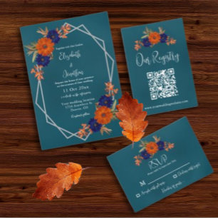 Invitación Boda floral azul de la Marina Naranja de otoño rus