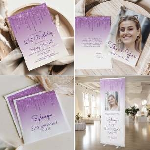 Tarjeta De Agradecimiento Foto Cumpleaños con Goteo de Purpurina Violeta