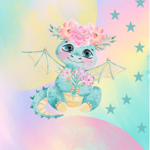 Invitación Pastel Cute Dragon Verde azulado Chica Baby Shower