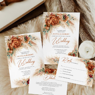 Invitación Terracotta quemada naranja burgundy floral eucalip