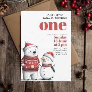 Invitación Cumpleaños de la Foto Red Winter Bear & Snowmen