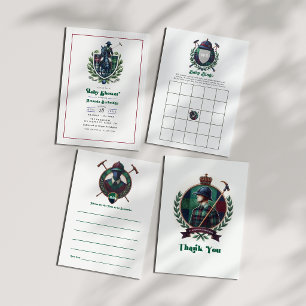 Invitación Fiesta Prénatal de Polo Preppy con Escudo Tártano 