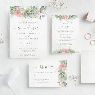 Tarjeta De Recepción Boda Rubor Floral rosa Eucalyptus Greenery Gold