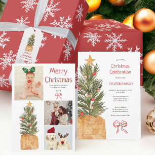 Tarjeta Festiva Festividad 4 fotos Familia Watercolor Árbol de Nav