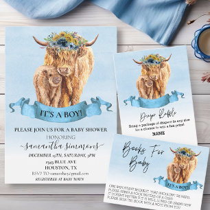 Invitación Diaper Raffle Blue boy Highland Cow Baby Shower