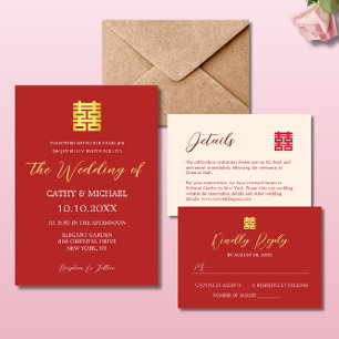 Invitación Boda chino moderno de oro rojo simple