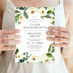 Invitación Elegante Boda de Verdor de Rosas Blancas Monograma