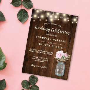 Invitación Mason Jar, floral de Peonia Rosa de Madera Rústica