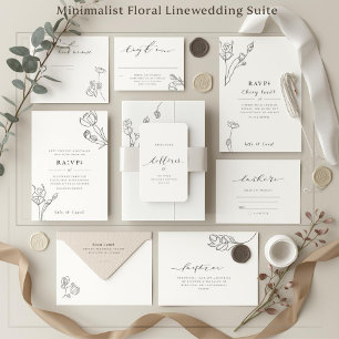 Invitación de boda con arte de línea floral minima