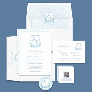 Invitación Elegante Boda del Monograma de Hidrangea Azul Escu