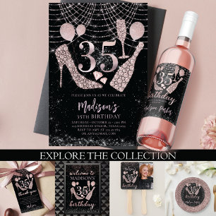 Invitación Rosa de oro y Purpurina negro de lujo 35 años
