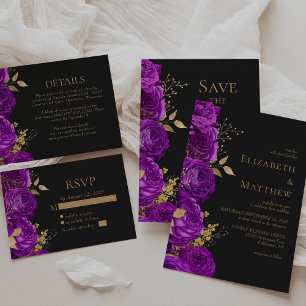 Invitación Boda romántico morado dorado oscuro floral
