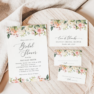 Tarjeta De Agradecimiento Flores rosas, flores blancas, boho, ducha de novia