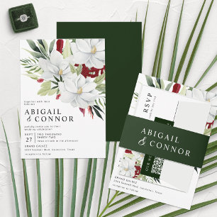 Invitación Todo En Uno Magnolia Tropical Verde Blanco Rojo Todo En Una In
