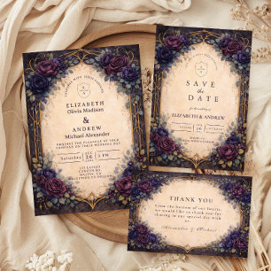 Tarjeta De Agradecimiento Boda Floral Gótica Púrpura Malhumorada
