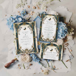 Tarjeta De Agradecimiento Boda Celestial Art Nouveau Azul Oro