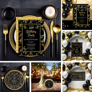 Invitación Con Relieve Metalizado Elegantes mariposas 40 cumpleaños Fiesta Oro Negro