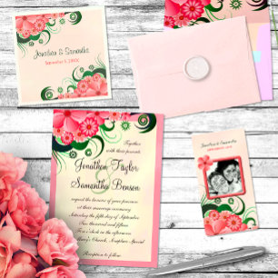 Invitación a boda cuadrada de color rosa floral de