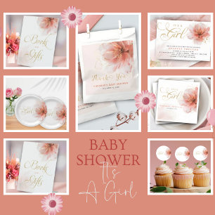Tarjeta De Agradecimiento Es un Baby Shower moderno con flores de oro rosado
