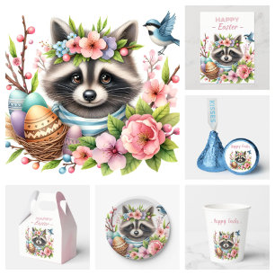 Caja Para Regalos Watercolor Raccoon Eggs y Flores de Pascua -