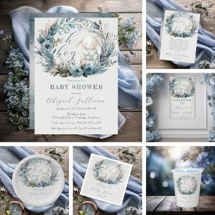 Invitación Oh Boy Bunny Rabbit Blue Floral Wreath Baby Shower