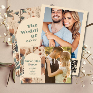 Invitación Todo En Uno Código QR Tonos de tierra mudos suaves Boda de flo